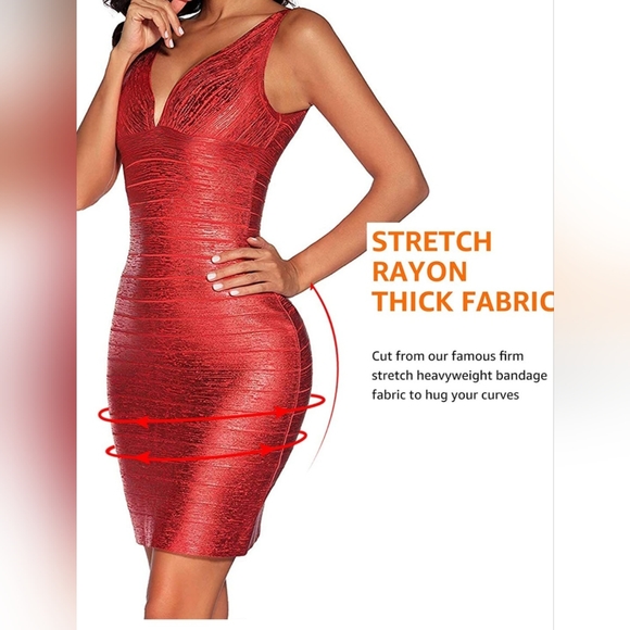 🔥Sexy Red Sparkly Rayon V-Neck Bandage Bodycon Club Dress Women's M - Picture 2 of 10